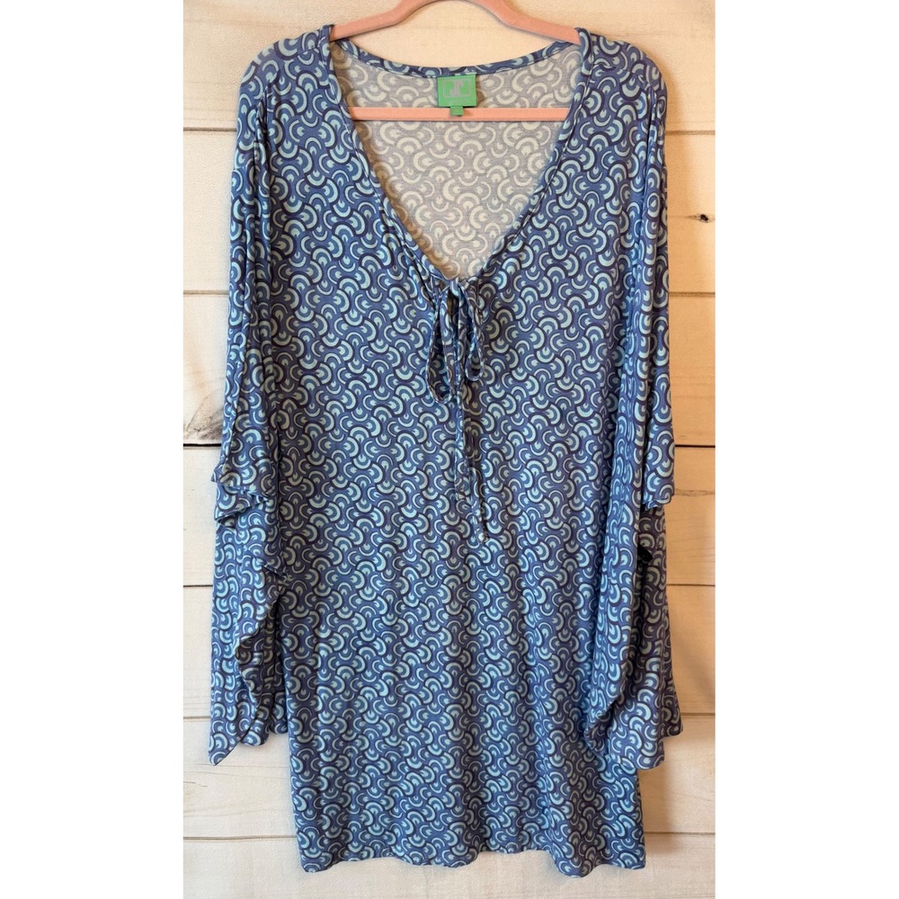 Jules Reid Blue Green Geometric Scallop Tie Neck Batwing Sleeve Tunic Top Small